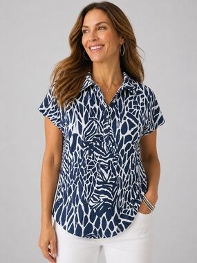 Chico's Navy and White Abstract Print Short-Sleeve Button-Down Top (XL/XXL)